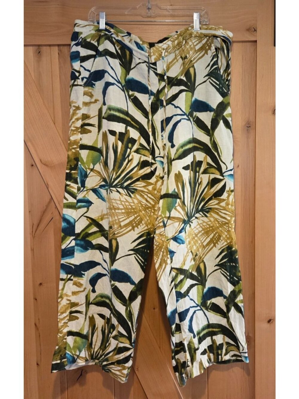 Chicos Linen Pants Size 2.5 US 14 Floral Leaf Drawstring Wide Leg 44x29"